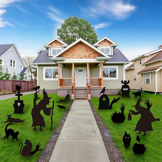 AmazingSpark 22 Pcs Halloween Decorations Outdoor Witch Silhouette Yard Signs with Stakes Black Cat Hands Tombstones Cauldron Set Corrugated Plastic Waterproof Scary Silhouette for Lawn Garden Decor