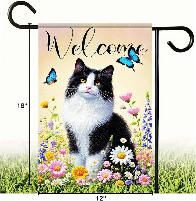 BlissYard Welcome Garden Flag Spring Summer Cat Garden Flag 12x18 Inch Double Sided Flags Black White Cat Floral Butterfly Outdoor Yard Lawn Porch Decor Banner