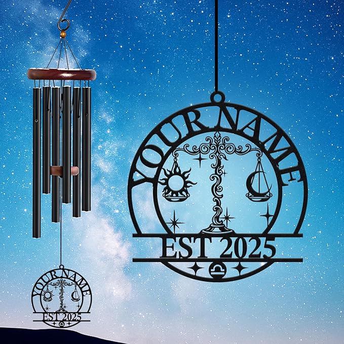 Personalized Customize Name 12 Zodiac Signs Wind Chime, Metal Iron 37 Inch Outdoor Memorial Gift for Garden Yard Patio Home Decor, Black (Libra)