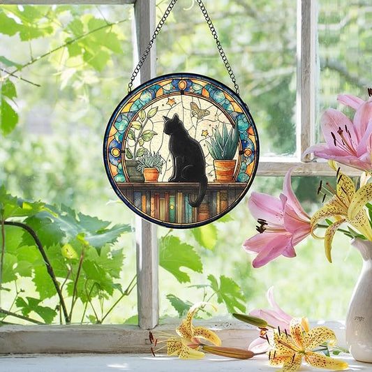 Black Cat Stained Glass Window Hanging, Book Lovers Suncatchers Sun Catchers Indoor Window Glass Wall Art, Book Reader Gifts, Black Cat Round Wall Hanging Decor, 7.9x7.9in,
