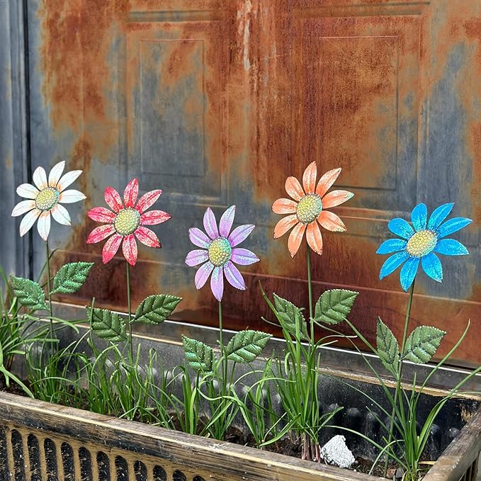 5Pcs Outdoor Metal Flowers for Outside - Decorative Garden Stakes with Sunflower Design, Spring Yard Art Decor for Lawn Porch Patio Fence | Metal Garden Decor Stakes.