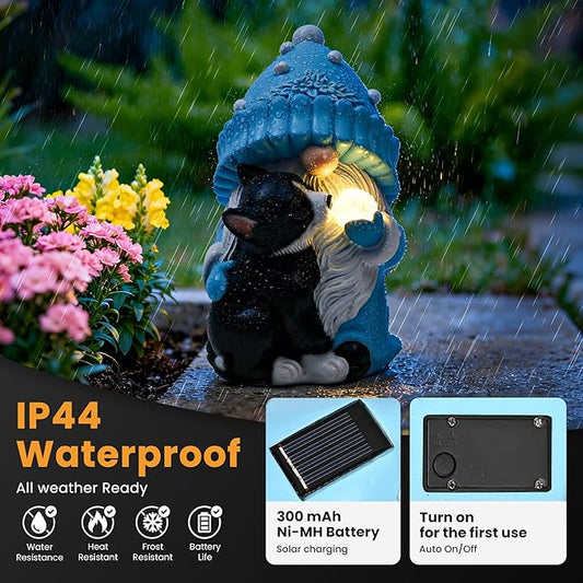GIGALUMI Solar Garden Statue, Gnome with Dog Outdoor Decor, Gnomes Decoration Gifts with LED for Patio Yard Lawn Balcony, Christmas/Birthday Gift for Mom Women