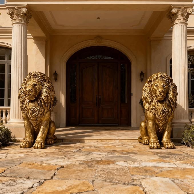 24" Large Golden Lion Statue for Garden, Outdoor Sculpture, Animal Decor for Yard Porch Entryway Patio Living Room (Large, Lion)