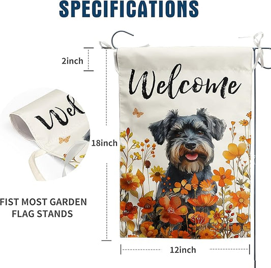 Floral Schnauzer Garden Flag Fall Yard Flag Wildflower Dog Garden Flags Orange Autumn Lawn Flags Welcome Thanksgiving Outdoor Flags for Outside 12x18 Double Sided Small