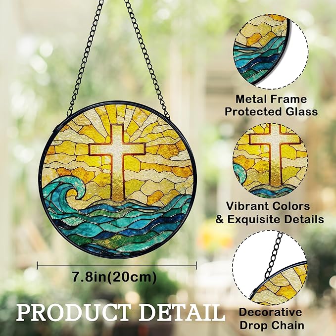 Easter Coastal Christian Cross Suncatchers Stained Glass Window Hanging, Ocean Beach Cross Sun Catchers Indoor Window Glass Round Wall Decor, Christian Wall Hanging Decorations, 7.9x7.9in