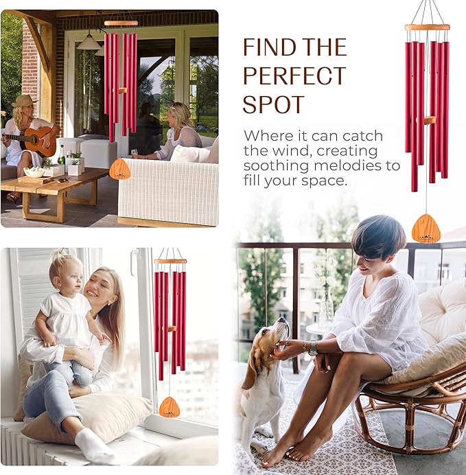 UpBlend XL Wind Chimes for Outside Gift – Deep Tone Wind Chime with Decorative Stone – Garden and Patio Décor for Porch or Yard, Elegant Outdoor Ornament, Meaningful Gift for Neighbors. 41” Red.