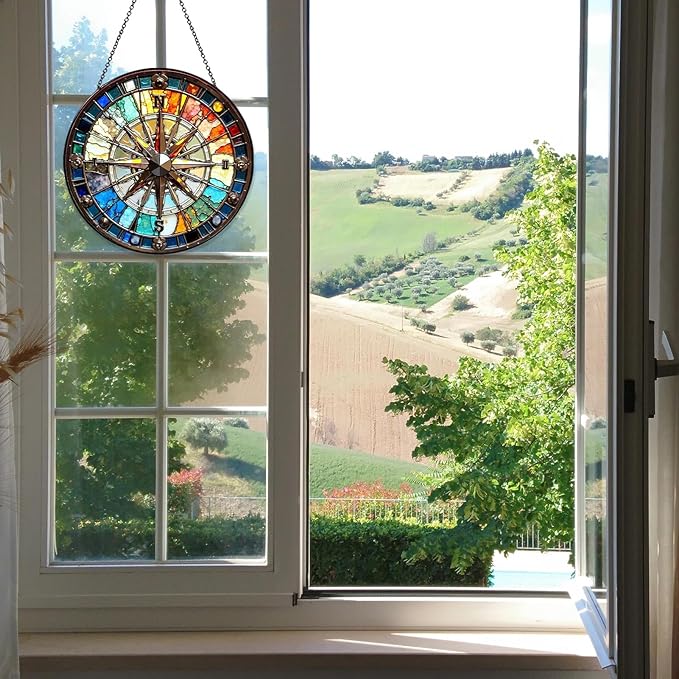Compass Stained Glass Window Hanging Compass Sun Catcher Decor New House Decor Christmas Suncatchers for Home Windows Hanging Decoration, 7.87inch