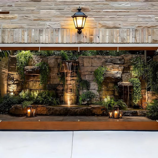 Garage door banner cover, 6x13 ft stone walls and waterfalls background, Large Outdoor Backyard Landscape Decoration (Stone-wall-Waterfall)