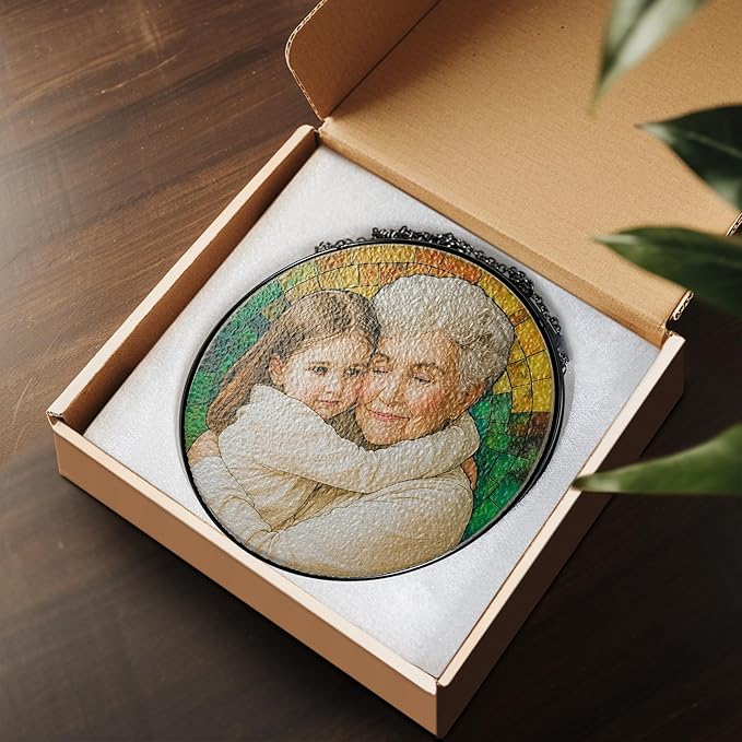 Personalized Stained Glass Window Hanging Ornament, Custom Grandma and Grandkids Photo Decoration, Unique for Mother’s Day, Birthday or Christmas, Keepsake Home Window Art for Grandma