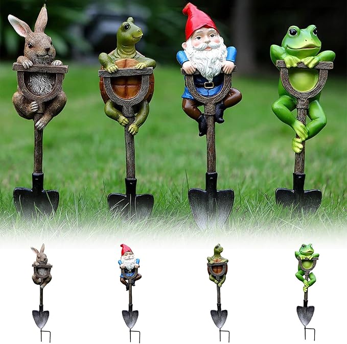 Outdoor Resin Garden Statue with Shovel, Handcrafted Frog Dwarf Rabbit Turtle Figurines for Lawn Decor, Weather-Resistant Yard Sculpture Art, Garden Ornament for Patio Lawn Landscape (Blue)