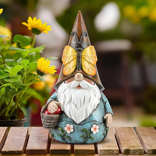 Outdoor Garden Gnome Statue, Butterfly Gnomes Decor Spring Butterfly Figurine, 7.3" Garden Gnomes Sculptures & Statues Outside Yard Lawn Patio Home Decoration, Nomes Gift