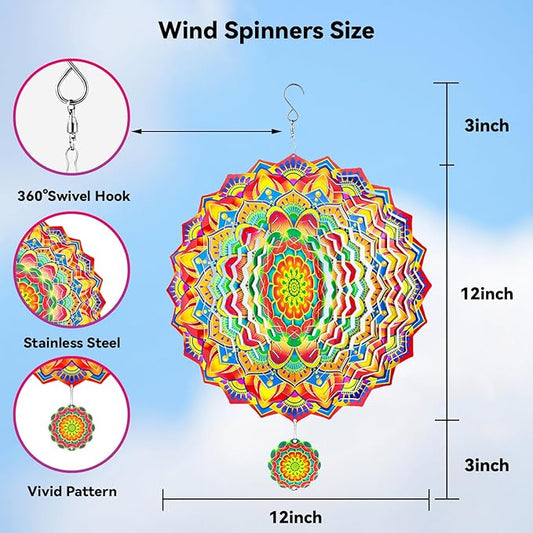 Wind Spinners,12 inch Multi Color Mandala with 360° Swivel Hook for Yard and Garden, Bird Wind Catcher, Metal Wind Spinners Outdoor for Lawn Hanging Crafts Decor Kinetic Yard Art Ornament Gifts