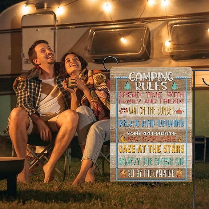 Dyrenson Camping Rules Decorative Garden Flag, Rustic Camper Outdoor Adventure Yard Home Decoration, Farmhouse Campsite Burlap Outside Small Decor Double Sided 12 x 18