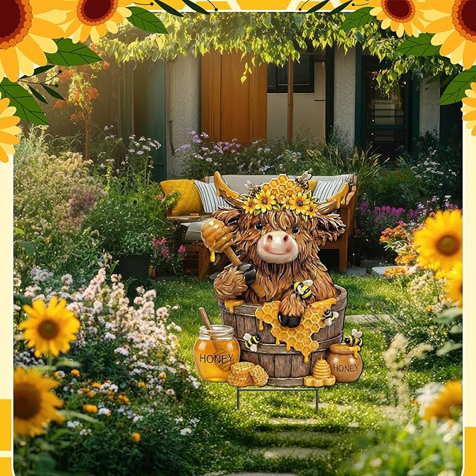 Amyhill Bee Highland Cow Outdoor Decor Honeybee Cow Metal Garden Stakes Decorative Rustic Bee Calf Lovers Yard Signs with Stakes for Farmhouse Spring Garden Lawn Outdoor Decorations