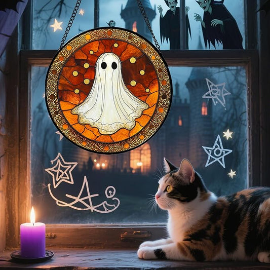 Stained Glass Window Hanging - Halloween Decorations White Ghost Suncatcher for Doors Garden Indoor Spooky Funny Orange Sun Catchers Gothic Decor Horror Gifts for Women Men Friend 7.8 in