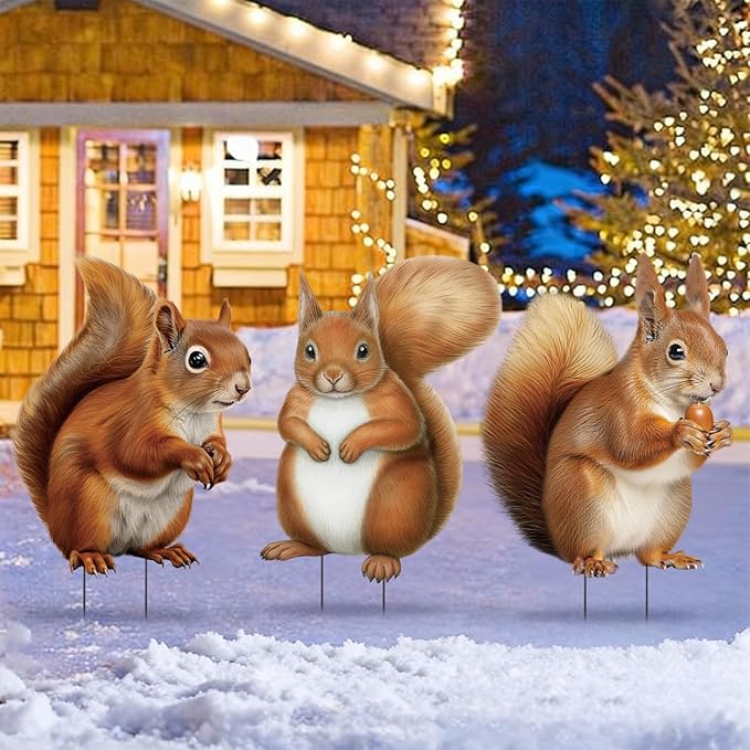 Silkfly 3 Pack Metal Squirrel Garden Stakes Spring Summer Outdoor Decorative Woodland Squirrel Figurine Statue for Garden Outside Yard Patio Lawn Outdoor Home Decorations