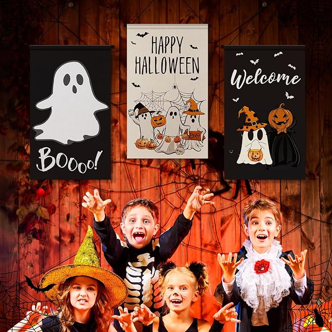 Tegeme 3 Pcs Halloween Door Sign Decoration Happy Halloween Hanging Door Flag Porch Sign Pumpkin Ghost Banner Decor for Home Office Yard Outdoor Indoor Party Supplies