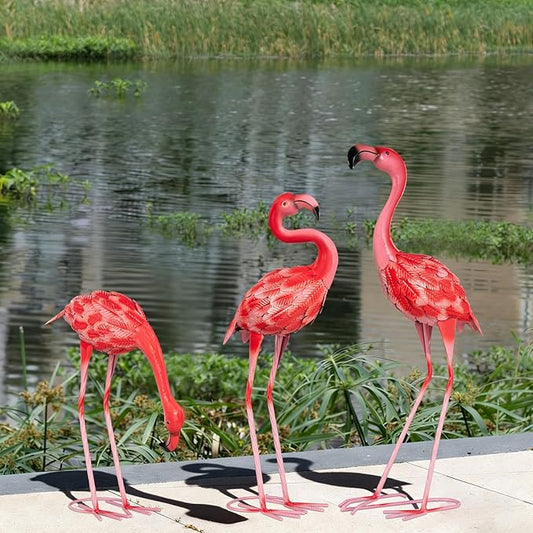 3 Pcs Pink Flamingo Garden Statues, Metal Flamingo Birds Yard Art Outdoor Statue for Home Patio Lawn Balcony Backyard Decor