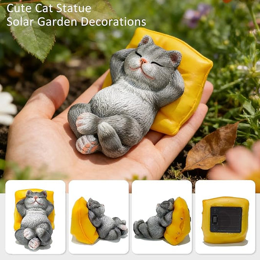 Suyorpe Solar Cat Outdoor Statues Mini Garden Decor - Sleeping Kitten Figurine for Outside Yard Art Lawn Porch Patio Balcony Decorations,Birthday Choice for Mom Grandma Women Lover