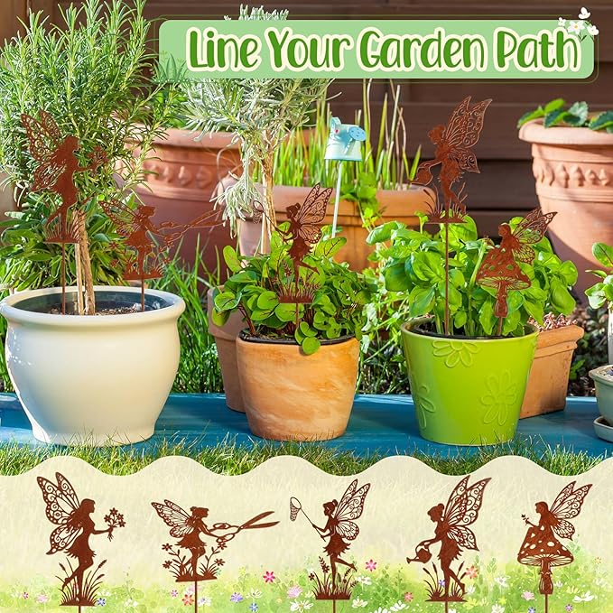 Novabright 5 Pcs Decorative Garden Stakes Metal Fairy Silhouette Set Stakes Outdoor Yard Art Decor Fairy Garden Sign for Lawn Flower Bed Planter Pot Landscaping(Rust)