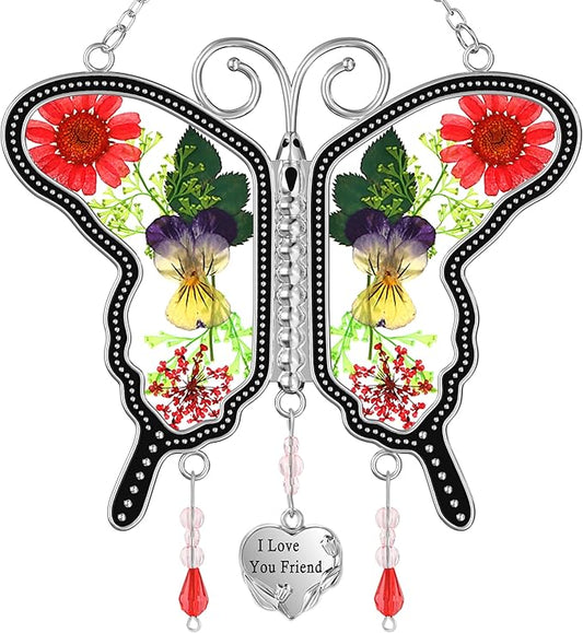 KY&BOSAM Suncatcher Butterfly Stained Glass Friend Butterfly Suncatchers Ornament hangings for Windows Wind Chime with Pressed Flower Butterfly Embedded in Glass Mother`s Day Birthdays