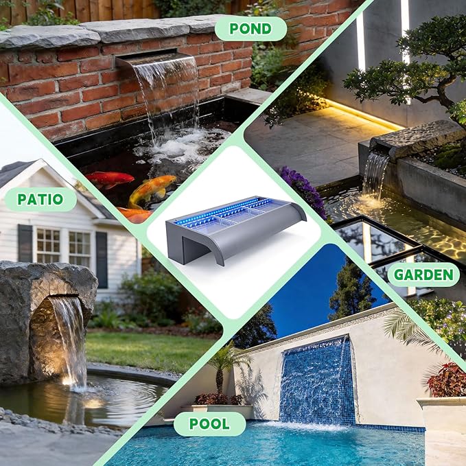 with lid Pool Fountain, LONGRUN Waterfall Spillway for Koi Ponds - 35.4" Transparent Acrylic Waterfall for Swimming Pool, Garden Pond, Patios, Spa Decoration