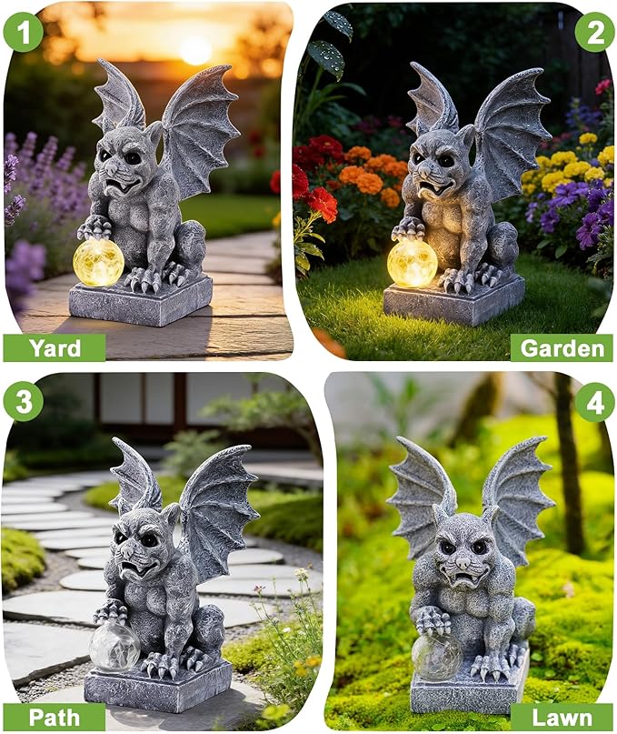 Nacome Solar Gothic Gargoyle Garden Statue: Outdoor Dragon Decor Sculpture with Ball Lights for Yard Art Porch Patio - Unique Birthday Gifts for Women Mom