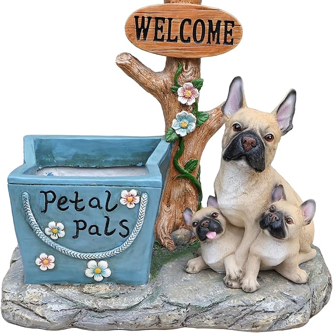 Solar Light Animal Outdoor Statue Planter with Welcome Sign, Resin Garden Sculpture Flower Pot for Patio Lawn Porch Yard Courtyard Decor, Weather-Resistant Decorative Figurine Accent (I)