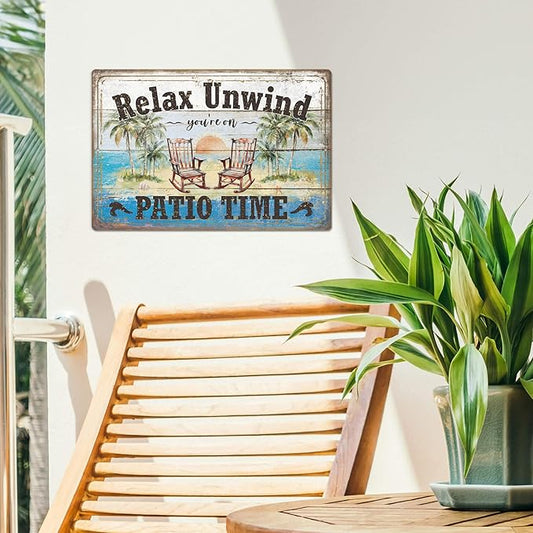 Putuo Decor Funny Patio Metal Tin Sign Backyard Signs Vintage Relax Unwind You'Re On Patio Time Tin Signs Patio Wall Decor For Outdoor Porch Decor 12x8 Inches