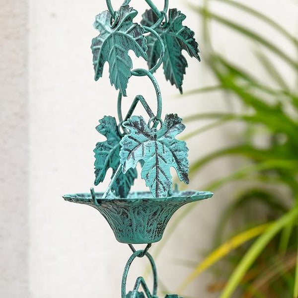 Antique Blue Leaves with Cup Rain Chain for Gutters, Functional and Decorative Replacement Downspout Chain for Outside, Metal Rain Catcher Chain, 8.5FT