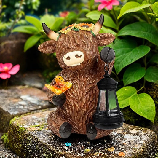 Solar Highland Cow Outdoor Statues for Garden,Outside Decor with Latern for Yard Lawn Ornaments Porch Patio Balcony Home,Birthday Easter Gifts for Grandma Mom Women