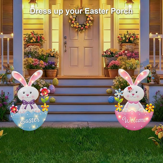 Easter Decorations Outdoor, 25 Inch Cute Bunny Flowers Decorative Garden Stakes for Easter Decor, Welcome Metal Yard Sign for Home Spring Outside Garden Front Porch Lawn Backyard