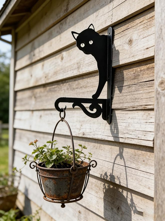 Iron Plant Hangers Hooks for Outdoor -10inch Hanging Plants Flower Fern Pots Lantern Bird Feeder Wind Chimes for Porch Garden Farmhouse (The cat Hiding in The Dark)