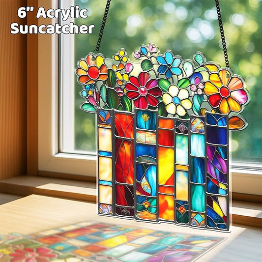 2 Book Floral Shelf Suncatchers 6" Window Hanging Acrylic Ornaments Back to School Teacher Appreciation Gift, Xmas Book Lover Gifts for Women Librarian Readers Bookshelf Decor Stocking Stuffer SS345