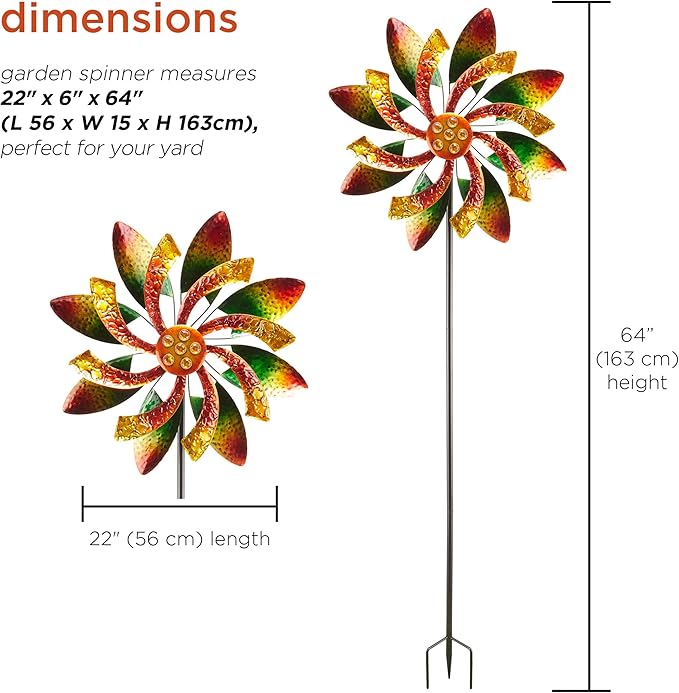 Alpine Corporation 64" Tall Floral Windmill Stake with Jeweled Kinetic Spinner, Green and Orange