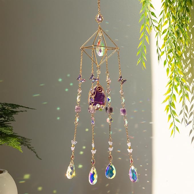 Crystal Suncatchers for Window Hanging Decor Amethyst Prism Sun Catcher Indoor Window Rainbow Maker Crystal Wind Chimes Garden Outdoor Home Decoration