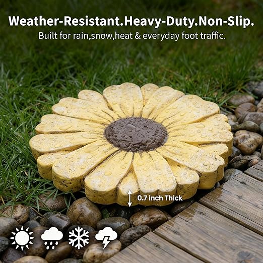 Landoraloria Cement Flower Stepping Stone 10” Daisy Garden Path Stone for Yard & Walkway Handcrafted Non-Slip Outdoor Patio Decor Weather-Resistant Cement Stone (Yellow)
