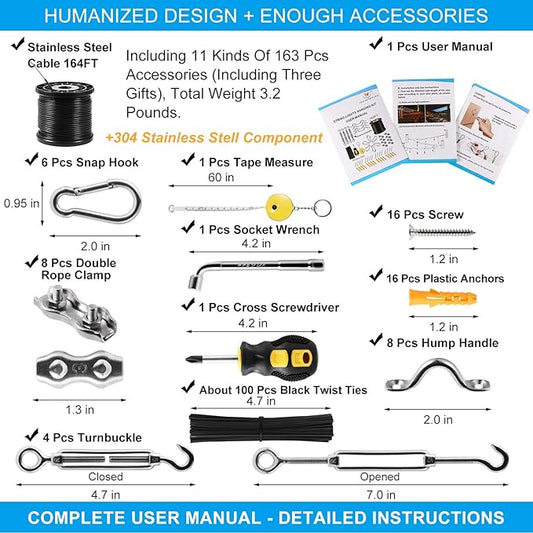 String Light Hanging Kit,Guide Wire for Outdoor String Lights, Shade sail Hardware kit,with 164 Ft Nylon Coated Stainless Steel 304 Wire Rope
