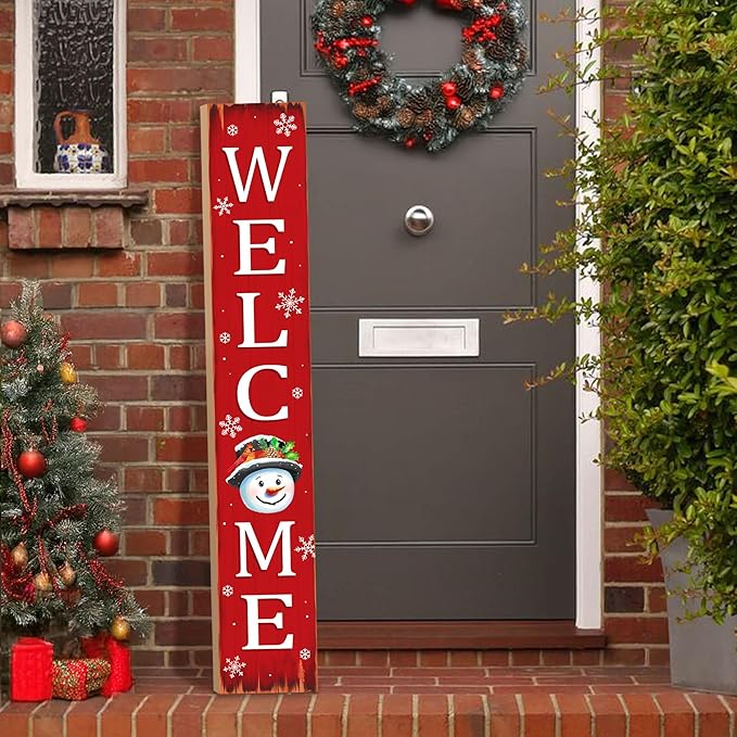 Christmas Snowman Wooden Porch Sign 47" Winter Vintage Large Welcome Porch Sign for Home Front Door Yard Party Decor (Red)