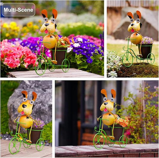 Dog Solar Lights Outdoor Cycling Plant Stand,Yard Art Metal Dog Statues,Outdoor Funny Statue for Garden Decor Yard Lawn Ornaments