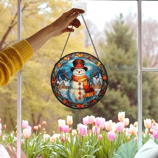 Christmas Snowman Suncatcher Stained Glass Window Hanging Decor, Winter Snowman Stained Glass Wall Decor, Christmas Garden Sun Catchers Indoor Window Hanging Wall Art, 7.9x7.9In