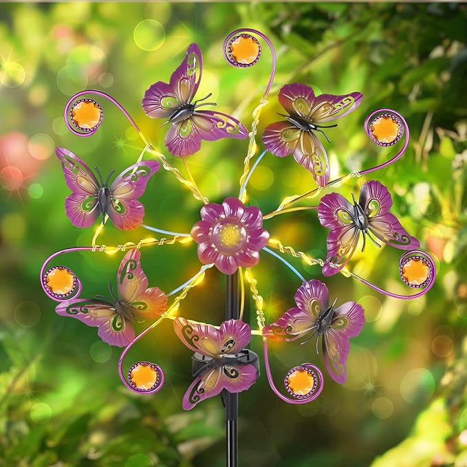 Outdoor Solar Windmill, Suitable for Courtyard Gardens, S-Shaped Flower Shape, with LED Lights, Double-Layer Solar Windmill Power Rotator, Used for Garden Lawn Terrace Decoration (Purple)