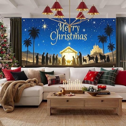 HOMETITUTE Christmas Garage Door Banner 13x6ft Nativity Scene Theme Backdrop Holiday Seasonal Decor Winter Door Cover Banners for Outside Garage Wall Covering for Party Garage Decorations
