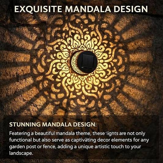 Decorative Solar Mandala Lights, Metal Solar Powered Waterproof Wall & Fence Lights for Garden, Patio, Backyard, Step & Post Decor with Mandala Design (2pcs,Colored Light)