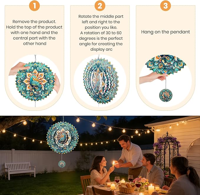 Wind Spinners Outdoor Peacock, 12 inch Laser Cut Metal Art Geometric Pattern Wind Spinners Hanging Kinetic for Yard, Garden, Patio, Outdoor - Craft Decor Birthday Gifts for Women, Men, Mom