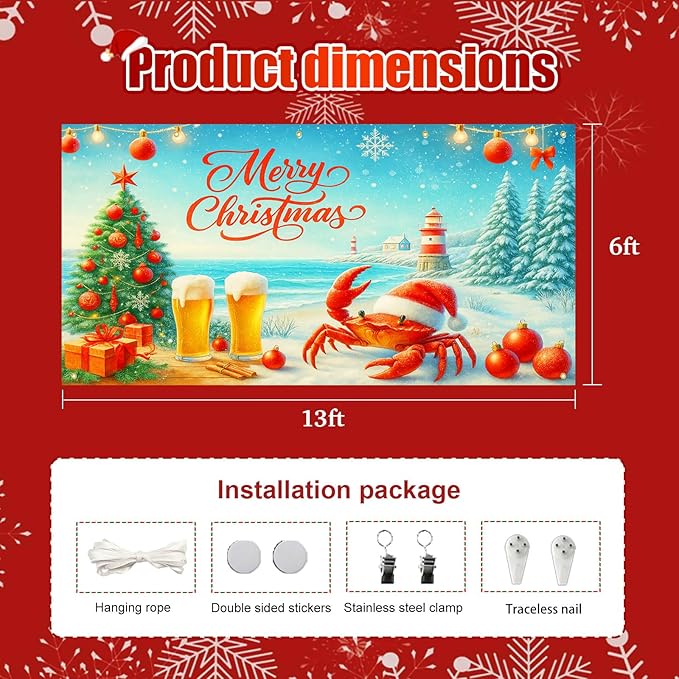 HOMETITUTE Christmas Garage Door Banner 13x6ft Coastal Crab Santa Holiday Decorations Red Lettering Snow Ocean Tree Beer Ornaments for Outdoor Xmas Party House Wall Yard Display