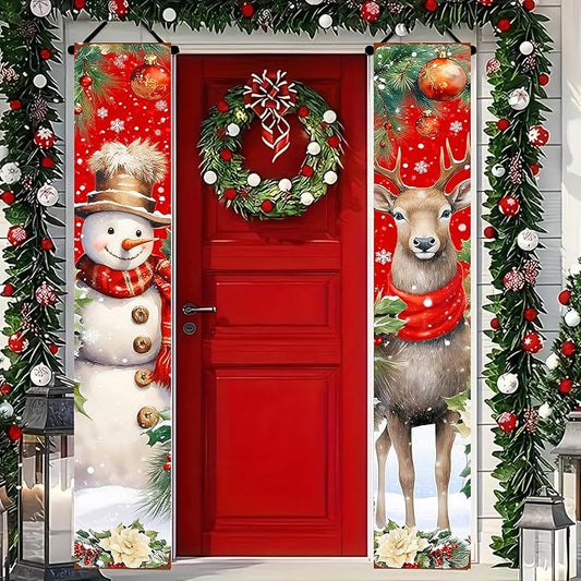 BlissYard Red Christmas Snowman and Reindeer Banners for Front Door Merry Christmas Door Banner Holiday Welcome Home Christma Decorations Xmas Porch Signs Winter Holiday Decor Elegant Porch Party Supplies 12x71 Inch