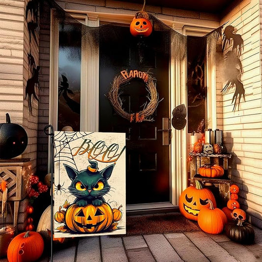 Halloween Garden Flags Black Cat Boo Yard Flag Scary Pumpkin Vertical Garden Flags Spiders Web Holiday Yard Banner 12x18 Inch Double Sided for Outside Decoration