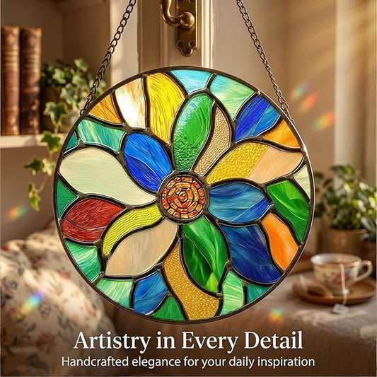 Stained Glass Window Hanging Colorful Flowers 6.3" - Abstract Suncatcher Door Terrace Garden Sun Catcher Home Decor Birthday Christmas for Mom Men Woman Nana Wife