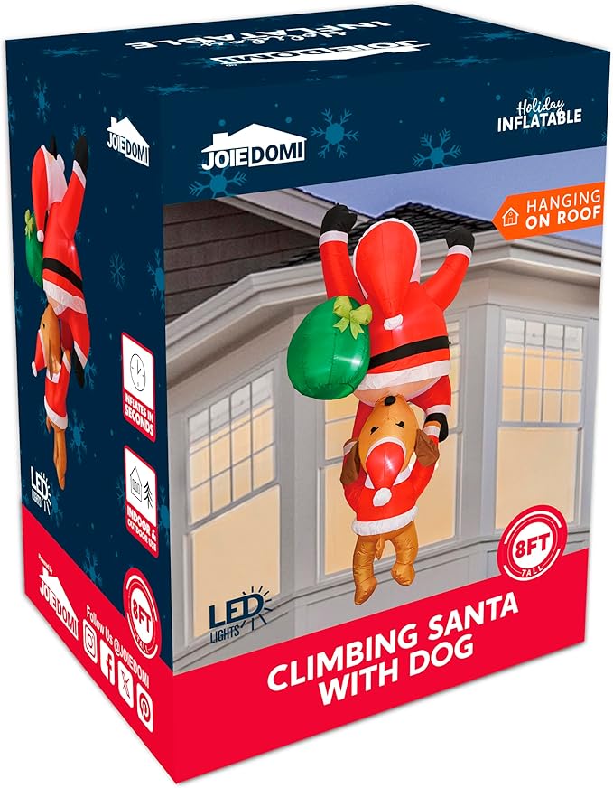 Joiedomi Hanging Christmas Inflatables Outdoor Decoration, Blow Up Climbing Santa with Dog, Christmas Blow Up Yard Decorations with Build-in LED for Xmas Party, Garden, Lawn, Roof Decor